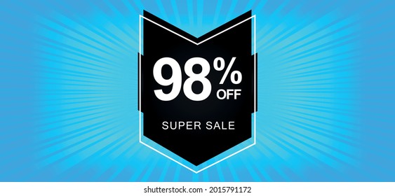98% off. A blue banner with a ninety-eight percent discount on a black balloon for mega offers.