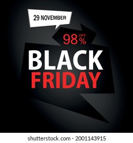 98% de descuento en el Viernes Negro. Banner negro con noventa y ocho por ciento de descuento en la promoción para noviembre.