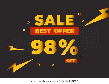 98% off sale best offer. Sale banner with ninety eight percent of discount, coupon or voucher vector illustration. Yellow and red template for campaign or promotion.