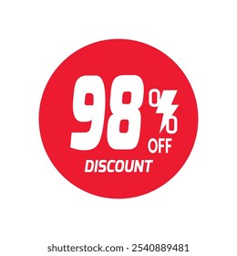 98% OFF Sale Discount Banner offer price tag. Special offer sale red label. Vector Modern Sticker Illustration Background