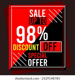 98% off venda até oferta especial desconto 98% off desconto 98% off promoções com números letras brancas preto e vermelho e amarelo fundo vermelho quadro desenho vermelho preto e branco.eps