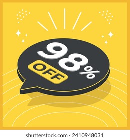 98 percent off. 3D floating balloon with promotion for sales on yellow background