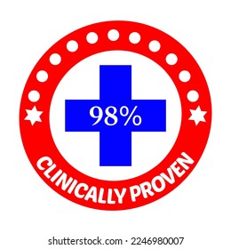 98% percentage clinically proven sign label vector art illustration. Blue and Red Color isolated on white background.