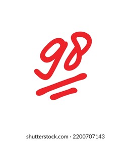 98 point test score, ninety eight points grade results, hand drawn vector illustration, red color on white background