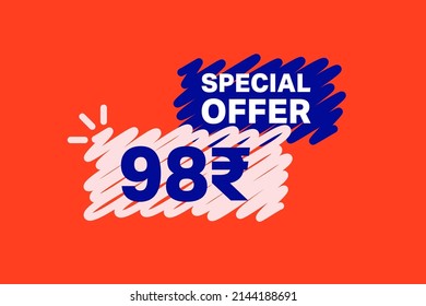 98 Rupee OFF Sale Discount banner shape template. Super Sale 98 Indian rupee Special offer badge end of the season sale coupon bubble icon. Discount offer price tag vector illustration.