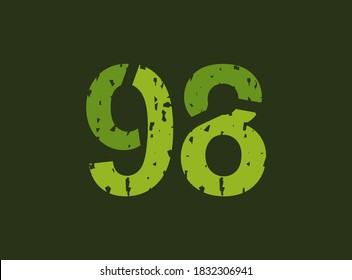 98 vector number made of grungy, grunge texture. Rubber stamp imprint style. For logo, brand label, poster, design elements etc.