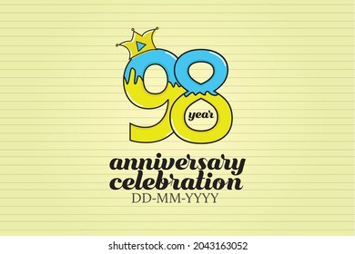 98 year anniversary blue and yellow color cartoon style, sweet style, candy look, with paper book style background - vector