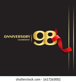 98 year anniversary logo template on black background. golden numbers with red ribbon vector