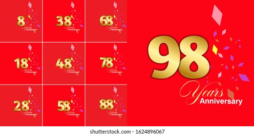 98 Year Anniversary Set 8, 18, 28, 38, 48, 58, 68, 78, 88 Vector Template Design Illustration