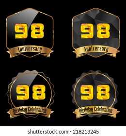 98 year birthday celebration golden label, 98th anniversary decorative polygon golden emblem - vector illustration eps10