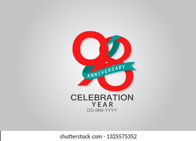 98 years anniversary blue ribbon celebration logotype. anniversary logo with Red text and Spark light white color isolated on black background, design for celebration, invitation - vector