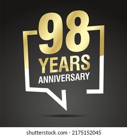 98 Years Anniversary celebrating, gold white speech bubble, logo, icon on black background