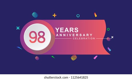 98 years anniversary celebration with colorful design, circle and ribbon isolated on dark background
