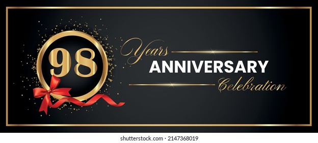 98 Years Anniversary Celebration Gold and Black Color Vector. anniversary celebration logotype with elegant modern number gold color for celebration, gold anniversary celebration, bow, ribbon, luxury.