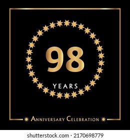 98 years anniversary celebration with golden circle star frame isolated on black background. Creative design for happy birthday, wedding, ceremony, event party, invitation event, and greeting card.