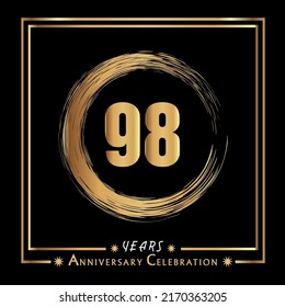 98 years anniversary celebration with grunge circle brush and gold frame isolated on black background. Creative design for happy birthday, wedding, ceremony, event party, and greeting card.