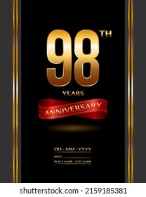 98 years anniversary celebration logotype with elegant gold color and ribbon for booklet, leaflet, magazine, brochure poster, banner, web, invitation or greeting card. Vector illustrations.