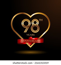 98 years anniversary celebration logotype with gold color and ribbon for booklet, leaflet, magazine, brochure poster, banner, web, invitation or greeting card. Vector illustrations.