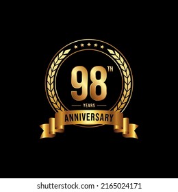 98 years anniversary celebration logotype with golden laurel and wreath, for booklet, leaflet, magazine, brochure poster, banner, web, invitation or greeting card. Vector illustrations.
