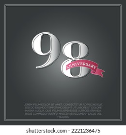  98 Years Anniversary celebration logotype colored with shiny gray, using ribbon and isolated on black background
