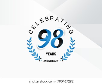 98 Years Anniversary celebration logotype , using combination blue and black colored font with laurel, isolated on white background