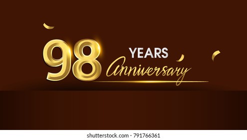 98 years anniversary celebration logotype. anniversary logo with golden color and gold confetti isolated on dark background, vector design for celebration, invitation card, and greeting card