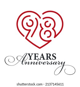 98 years anniversary celebration number thirty bounded by a loving heart red modern love line design logo icon white background