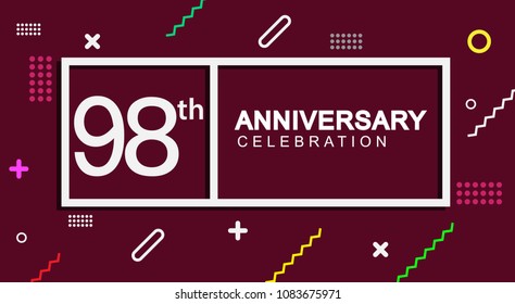 98 years anniversary celebration white square style isolated on dark purple with colorful memphis pattern background, design for anniversary celebration.

