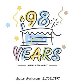 98 Years Anniversary handwritten typography lettering Greeting card with colorful big cake, sparkle firework, number, candle and confetti