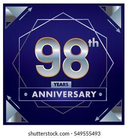 98 years anniversary logo celebration with ring and ribbon. Greeting card and cover template.