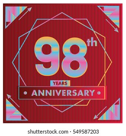 98 years anniversary logo celebration with ring and ribbon. Greeting card and cover template.