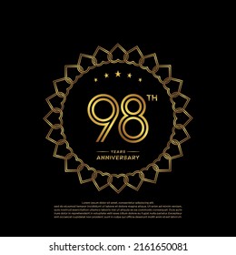 98 years anniversary logo with golden color and laurel, isolated on black background for booklet, leaflet, magazine, brochure poster, banner, web, invitation or greeting card. Vector illustrations.