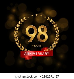 98 years anniversary logo with golden  laurel and red ribbon for booklet, leaflet, magazine, brochure poster, banner, web, invitation or greeting card. Vector illustrations.