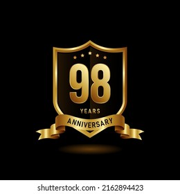 98  years anniversary logo with golden shield and ribbon for booklet, leaflet, magazine, brochure poster, banner, web, invitation or greeting card. Vector illustrations.