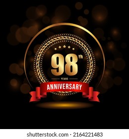 98 years anniversary logo with golden ring and ribbon for booklet, leaflet, magazine, brochure poster, banner, web, invitation or greeting card. Vector illustrations.