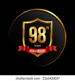 98 years anniversary logo with golden shield and ribbon for booklet, leaflet, magazine, brochure poster, banner, web, invitation or greeting card. Vector illustrations.