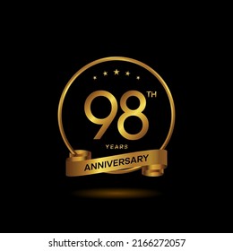 98 years anniversary logo with golden ring and ribbon for booklet, leaflet, magazine, brochure poster, banner, web, invitation or greeting card. Vector illustrations.