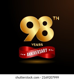 98 years anniversary logo with red ribbon for booklet, leaflet, magazine, brochure poster, banner, web, invitation or greeting card. Vector illustrations.