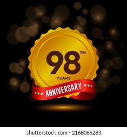 98 years anniversary logo with ribbon, golden Anniversary for booklet, leaflet, magazine, brochure poster, banner, web, invitation or greeting card. Vector illustrations.