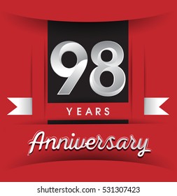 98 years anniversary logo with white ribbon isolated on red background, flat design style, Vector template elements for birthday celebration.