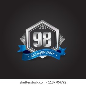 98 years anniversary logotype design with blue ribbon, silver hexagon, and ornament isolated on dark background. Vector template for celebration company event, greeting card, and invitation card