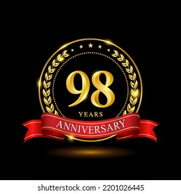 Diseño de plantilla de 98 Años Aniversario, con anillo brillante y cinta roja, corona laurel aislada en fondo negro, vector logo