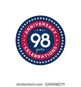 98 años. Diseño de plantillas de aniversario, colores rojo y azul con estrellas, diseño para eventos, tarjeta de invitación, tarjeta de saludo, banner, afiche, volante, portada de libros e impresión. Vector Eps10