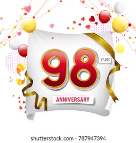 98 years anniversary vector illustration, banner, flyer, logo, icon, symbol. Graphic design element with flag, balloon, ribbon, confetty. Birthday greeting, event celebration