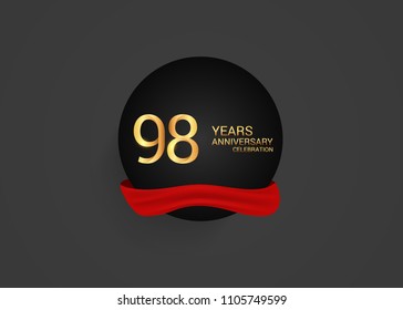 98 years gold anniversary design inside  black circle and red ribbon for celebration event