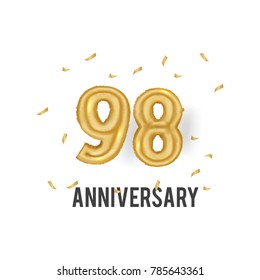 98 Years Golden Aluminum Foil Balloon anniversary logotype with golden confetti isolated on white background