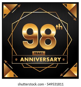 98 years golden anniversary logo celebration with ring and ribbon. Greeting card and cover template.