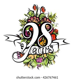 98 Years with nice bouquet of flowers, Greeting Card Design, Vector Hand Drawn Artwork