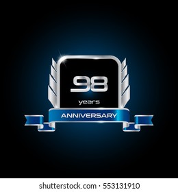 98 years silver anniversary celebration square logo with blue ribbon , isolated on dark background