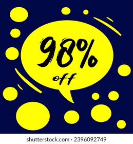 98% yellow discount hall with polka dots on blue background, percentage and promotion